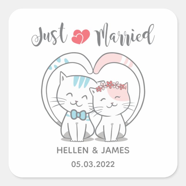 Just Married Cat Wedding Quadratischer Aufkleber (Vorderseite)