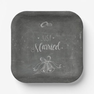 Just Married Chalkboard Wedding Rings Bells Square Pappteller