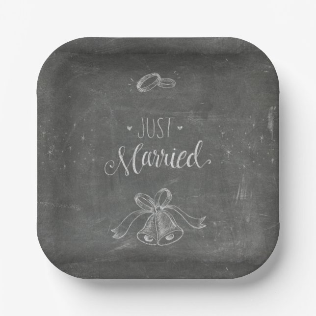 Just Married Chalkboard Wedding Rings Bells Square Pappteller (Vorderseite)