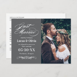 Just Married Charcoal Gray Elegant Wedding Foto Ankündigungspostkarte