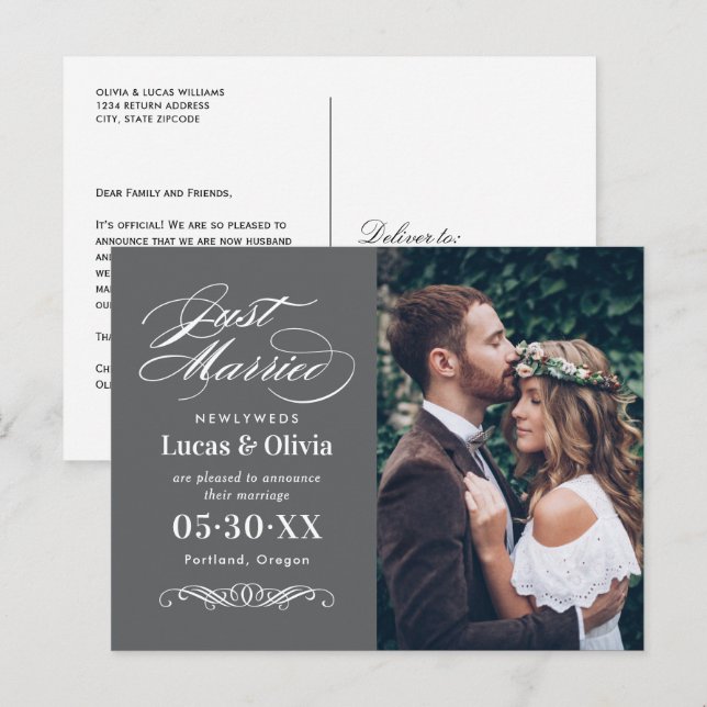 Just Married Charcoal Gray Elegant Wedding Foto Ankündigungspostkarte (Vorne/Hinten)