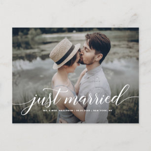 Just Married Curry Script Overlay White Foto Ankündigungspostkarte