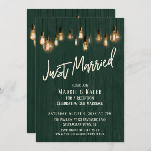 Just Married Dark Green Wood Edison Lights Einladung