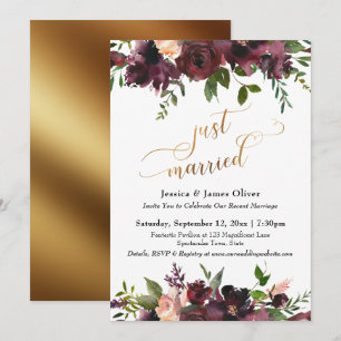 Just Married Deep Red Burgundy Floral Gold Script Einladung