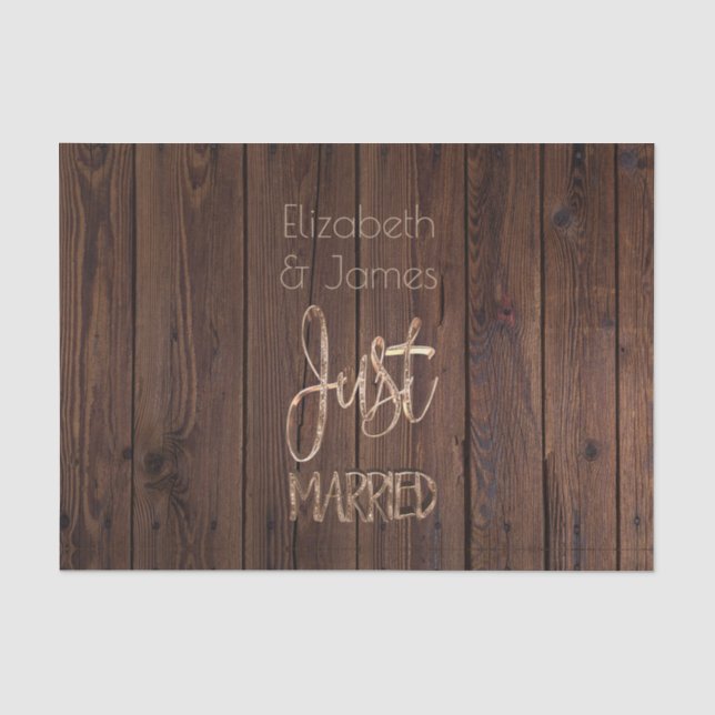 Just Married EleganGold Typografie Rustic Brown Seidenpapier (Vorderseite)