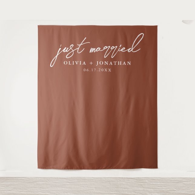 Just Married Elegant Calligraphy Wedding Backdrop Wandteppich (Vorderseite)