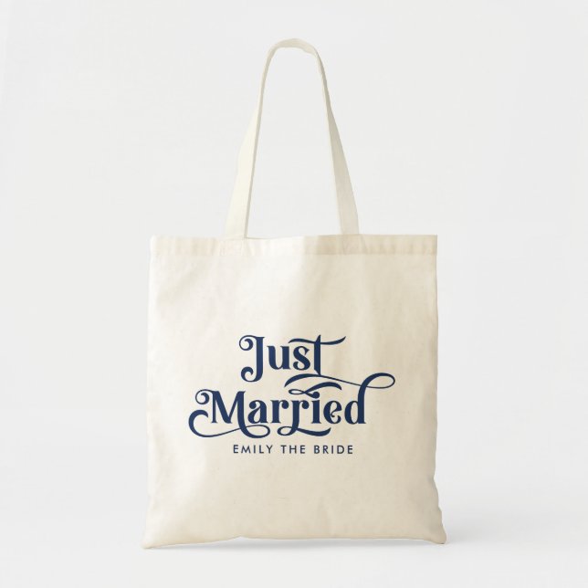 Just Married Elegant Navy Blue Typografie Tragetasche (Vorne)