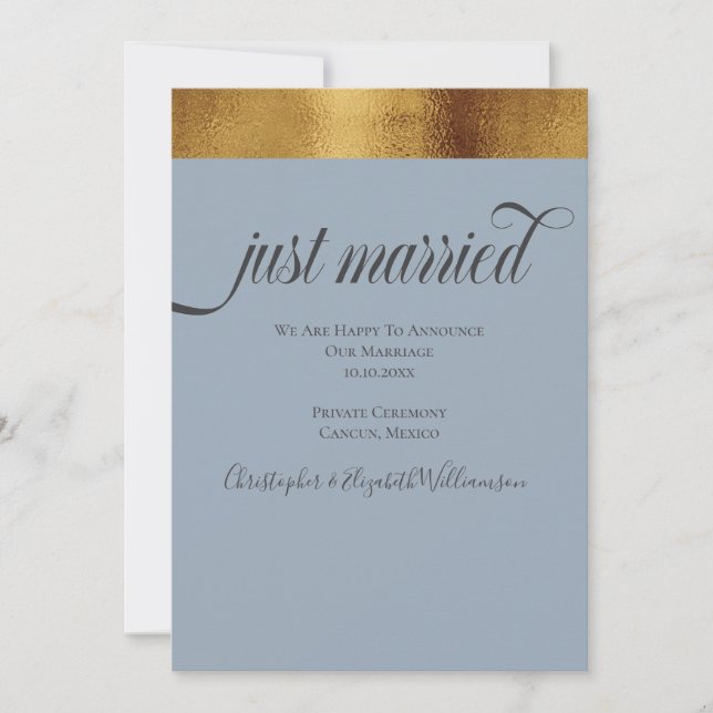 Just Married Elegante Imitate Gold Gray Blue Ankündigung (Vorderseite)