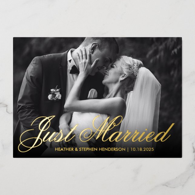 Just Married | Elegantes Foto Hochzeitsempfang Folieneinladung (Vorderseite)