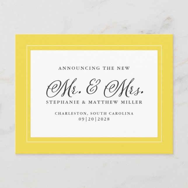 Just Married Elopement Trendy Yellow White Elegant Einladungspostkarte (Vorderseite)