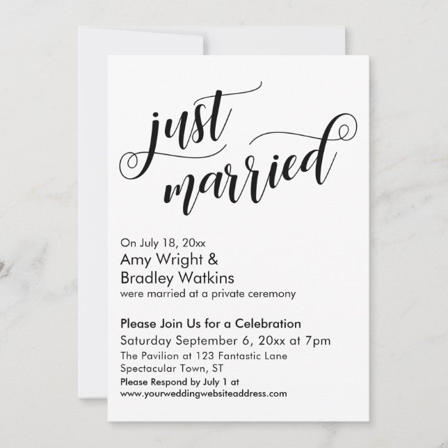 Just Married Extravagant Script Post Wedding Celeb Einladung (Vorderseite)