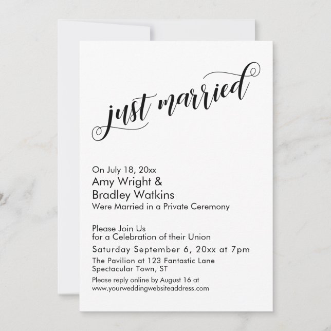 Just Married Extravagant Script Post Wedding Celeb Einladung (Vorderseite)