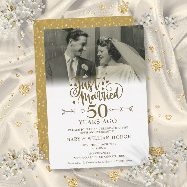 Just Married Foto 50. Hochzeit Jahrestag Einladung (Just Married Photo 50th Wedding Anniversary Invitation)