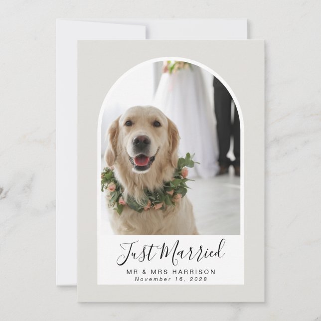 Just Married Foto Arched Frame Wedding Ankündigung (Vorderseite)