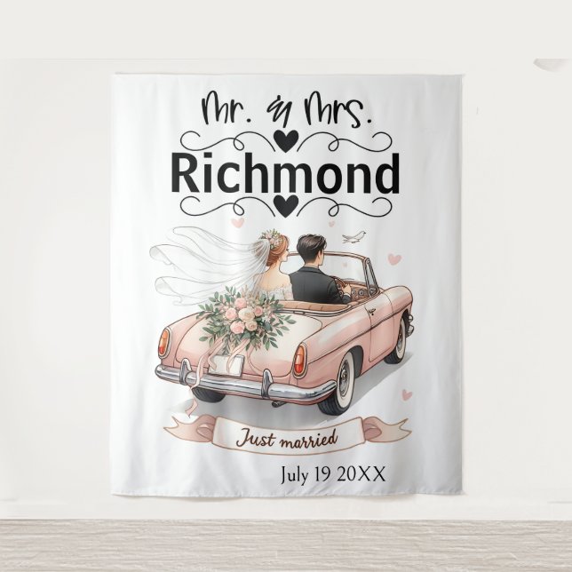 Just Married Getaway - Hintergrund für Hochzeiten Wandteppich (Vorderseite)