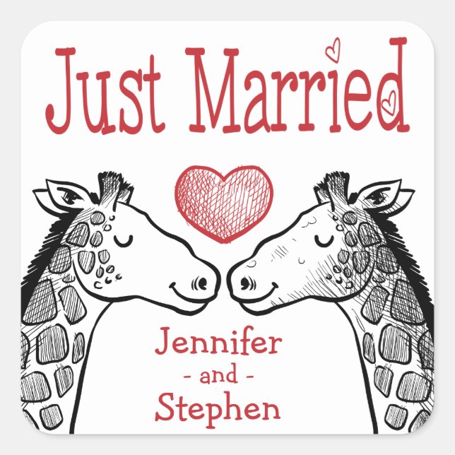 Just Married Giraffe Black, Red Burgundy Wedding Quadratischer Aufkleber (Vorderseite)