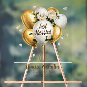 Just Married Gold Balloons White Roses Acrylschild