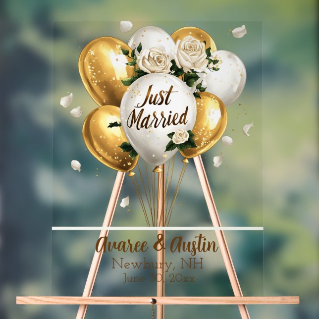 Just Married Gold Balloons White Roses Acrylschild (Neutral)