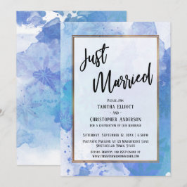 Just Married Gold Border Abstrakt Blue Splashes Einladung