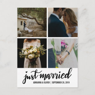 Just Married Handgeschriebenes Script Wedding Foto Ankündigungspostkarte