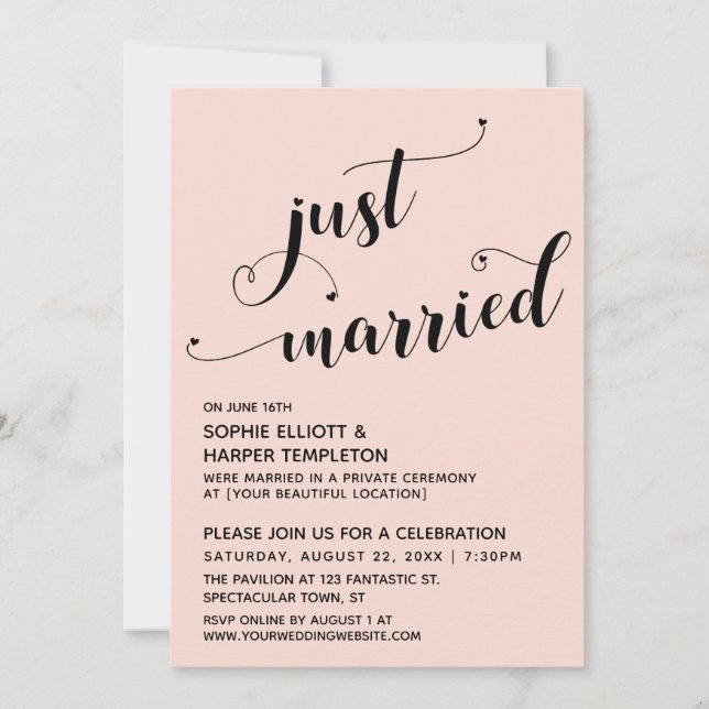 Just Married Hearts Typografy Blush Empfang Einladung (Vorderseite)