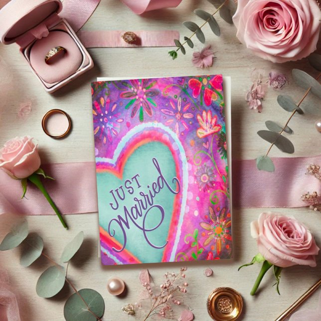 Just Married Hübsch Heart Floral Wedding Lila Karte (Von Creator hochgeladen)