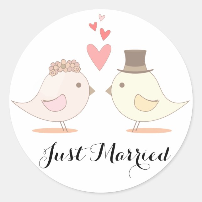 Just Married Lovebirds Pink Wedding Ankündigung Runder Aufkleber (Vorderseite)