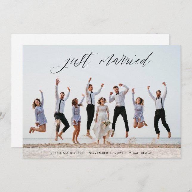 Just Married Modern Calligraphy Foto Wedding Ankündigung