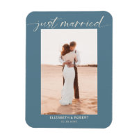 Just Married Modern Script Foto Blue Wedding