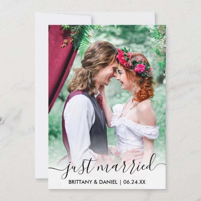 Just Married Modern Trendly Script Overlay Card Dankeskarte (Vorderseite)