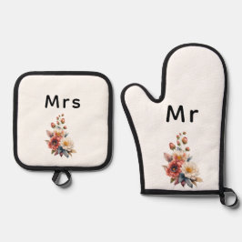 Just Married Mr. & Mrs. | Hochzeitsflormonogramm Ofenhandschuh & Topflappen-Set
