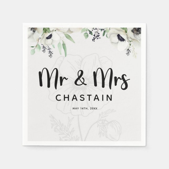 Just Married Mr. & Mrs. | Hochzeitsflormonogramm Serviette (Vorderseite)