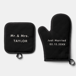 Just Married Mr. & Mrs. | Hochzeitsmonogramm Ofenhandschuh & Topflappen-Set