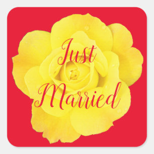 Just Married Neuverheiratet Hochzeitsgelb Rose far Quadratischer Aufkleber
