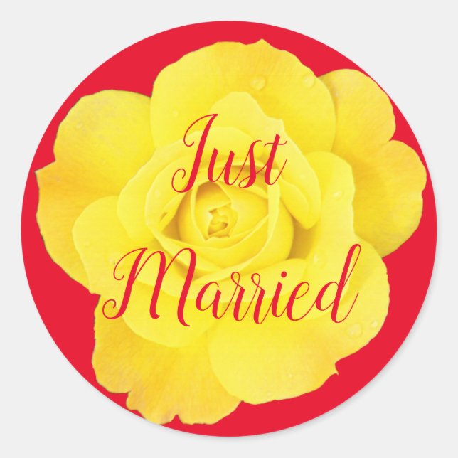 Just Married Neuverheiratet Hochzeitsgelb Rose far Runder Aufkleber (Vorderseite)