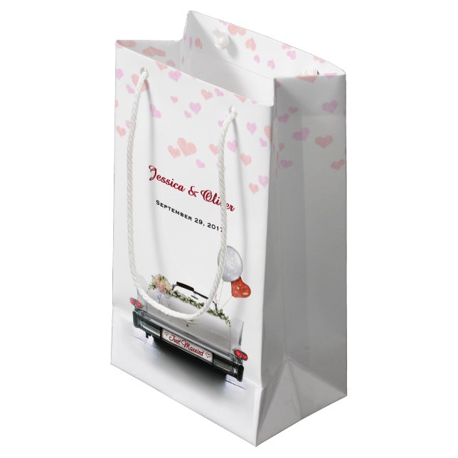 Just Married Oldtimer Car Geschenktasche Kleine Geschenktüte (Vorderseite Schrägansicht)