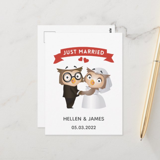 Just Married Owl Hochzeitsankündigung Postkarte (Vorderseite/Rückseite Beispiel)