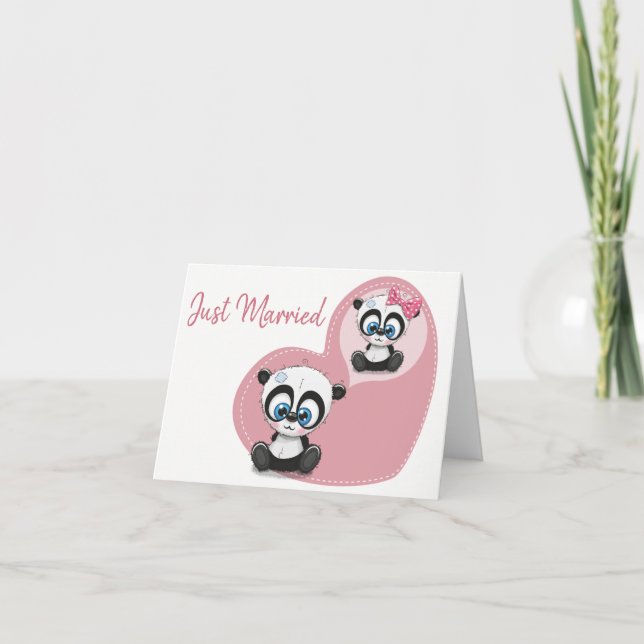 Just Married Panda Bear Pink Heart Wedding Ankündigung (Vorderseite)
