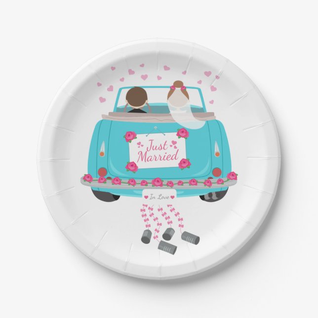 Just Married Pink Blue Wedding Bride Groom Pappteller (Vorderseite)