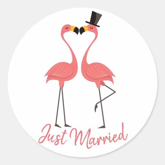 Just Married Pink Flamingo Tropical Beach Hochzeit Runder Aufkleber (Vorderseite)