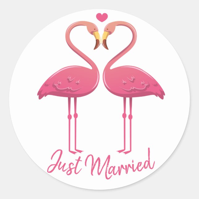 Just Married Pink Flamingo Tropical Beach Hochzeit Runder Aufkleber (Vorderseite)