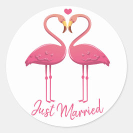 Just Married Pink Flamingo Tropical Beach Hochzeit Runder Aufkleber