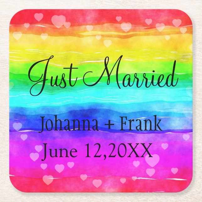 Just Married Rainbow Rechteckiger Pappuntersetzer (Vorderseite)