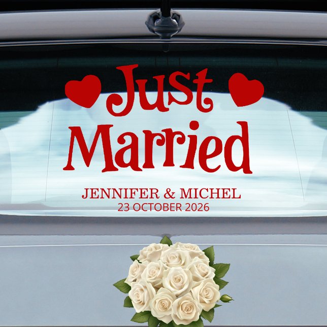 Just Married romantic red script wedding car Fensteraufkleber (Von Creator hochgeladen)