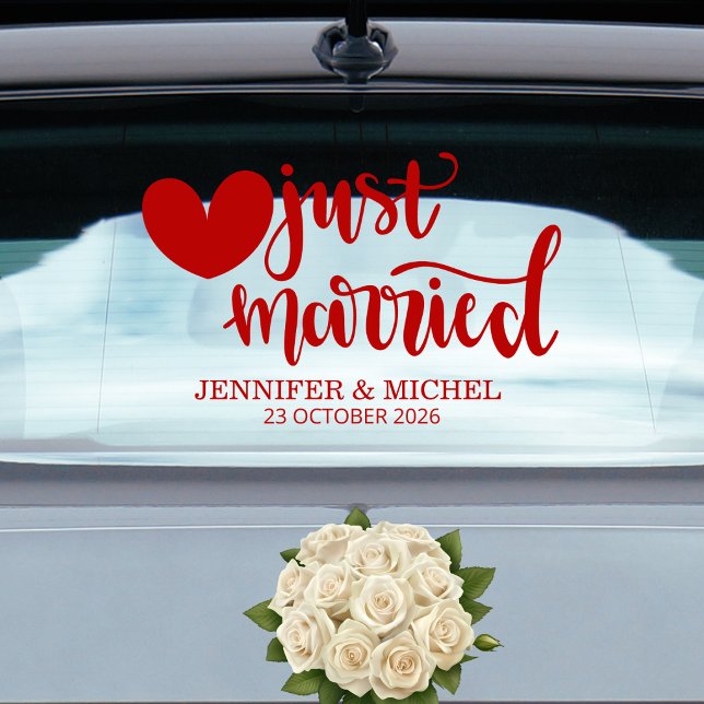 Just Married romantic red script wedding car Fensteraufkleber (Von Creator hochgeladen)
