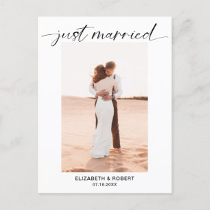 Just Married Script Foto Minimalistisch Elegante C Ankündigungspostkarte
