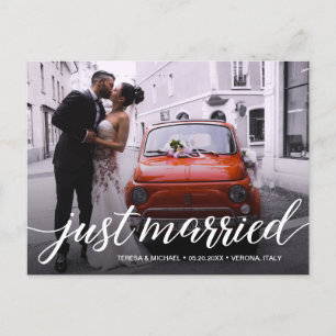 Just Married Script Overlay Wedding Foto Ankündigungspostkarte