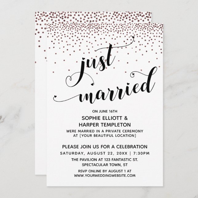 Just Married Script Rose Gold Confetti Empfang Einladung (Vorne/Hinten)