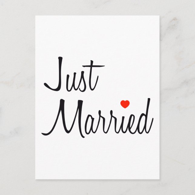 Just Married (Skript mit rotem Herzen) Ankündigungspostkarte (Vorderseite)