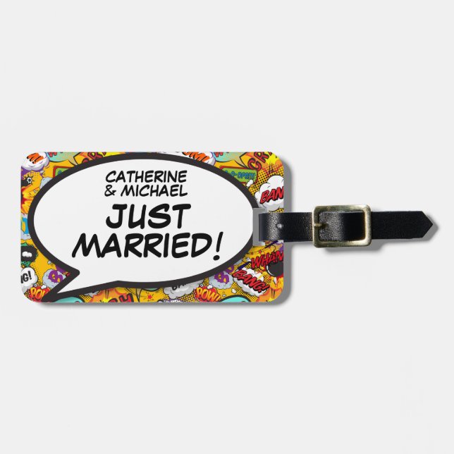 JUST MARRIED Speech Buble Fun Retro Comic Book Gepäckanhänger (Vorderseite horizontal)